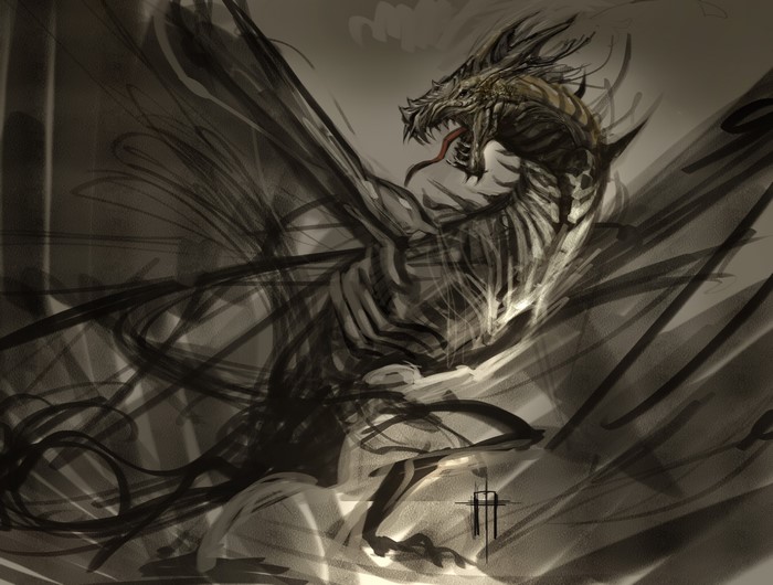 A dark, skeletal dragon with wings spread