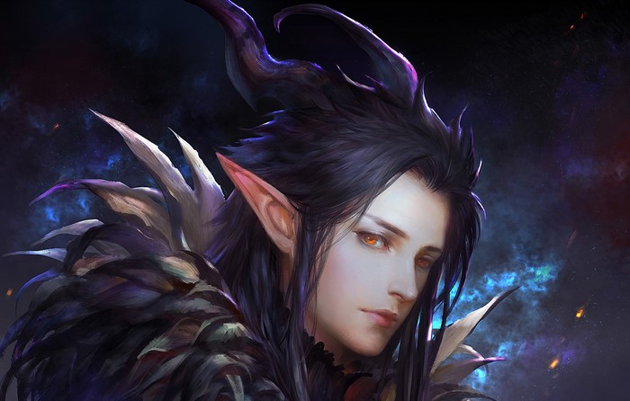 Young demon man with horns and orange eyes