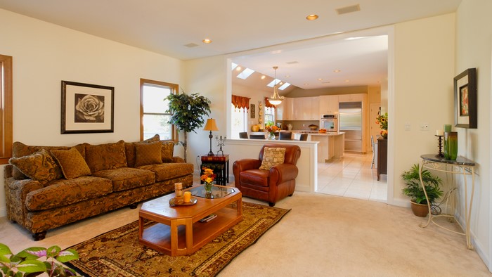 Living room with sofa, armchair, coffee table, and kitchen view