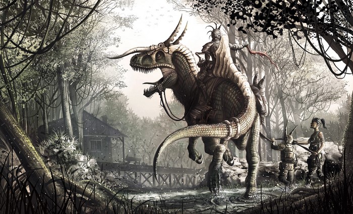 Warriors riding a dinosaur in a forest