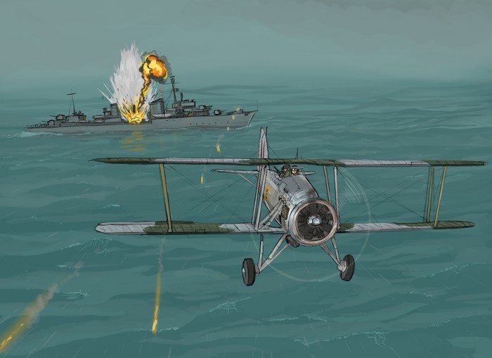 Biplane attacking a ship