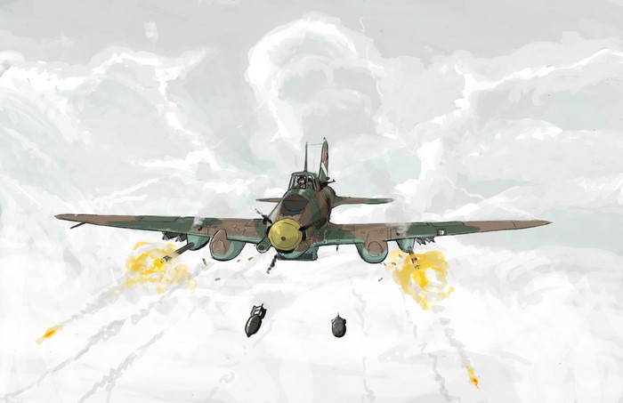 Airplane Firing Bombs and Shells in Clouds