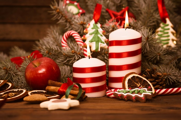 Christmas Decorations with Candles and Apple