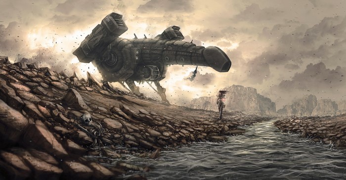 A lone woman and a crashed alien ship in a desolate landscape