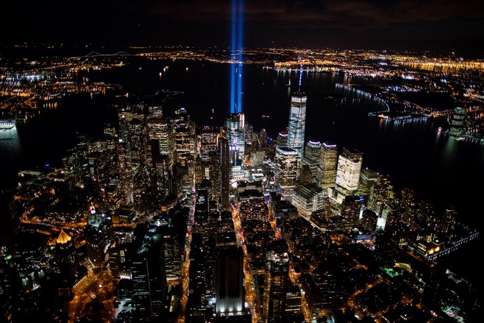 Tribute in Light over New York City at Night