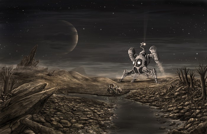 Robot and astronaut on alien planet with large moon