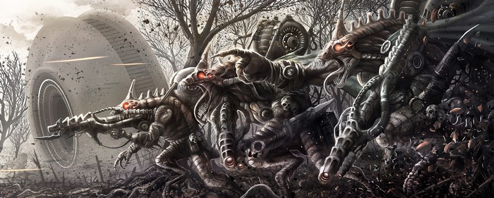 Mechanical monsters in a desolate landscape