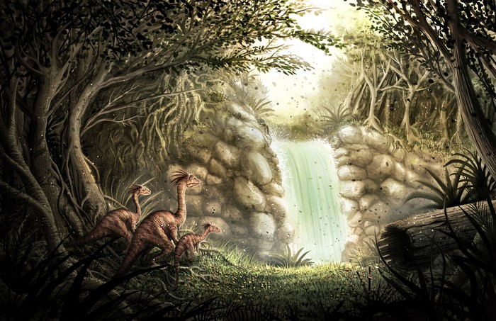 Dinosaurs in a prehistoric forest with a waterfall