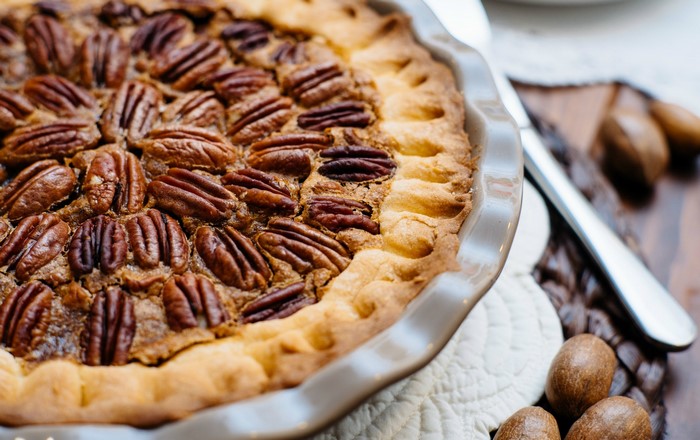 Pecan pie in a pie dish