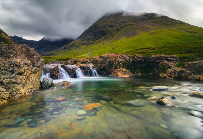 Waterfall cascading over rocks in a mountainous landscape