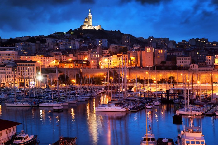 Marseille Night Harbor with Illuminated Buildings 4K