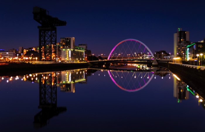 Glasgow River Clyde at Night with Crane and Bridge