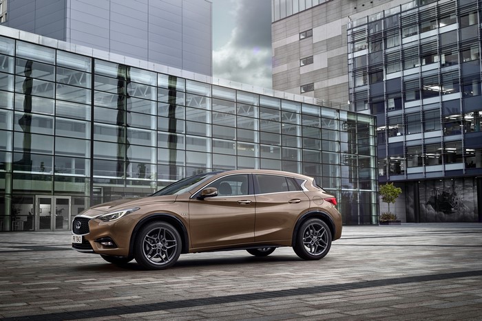 2015 Infiniti Q30 parked in front of modern buildings