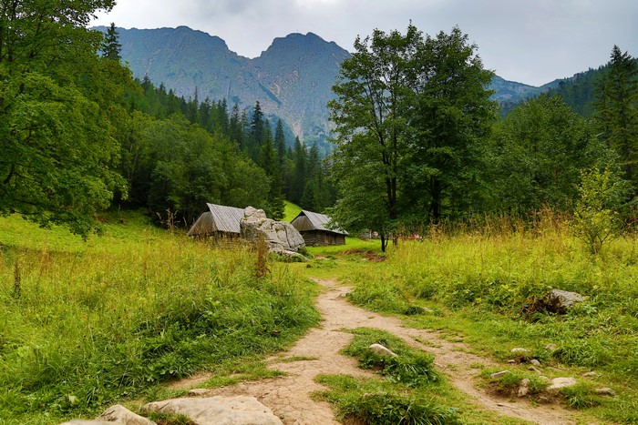 Wooden houses on a trail in the mountains of Zakopane, Poland