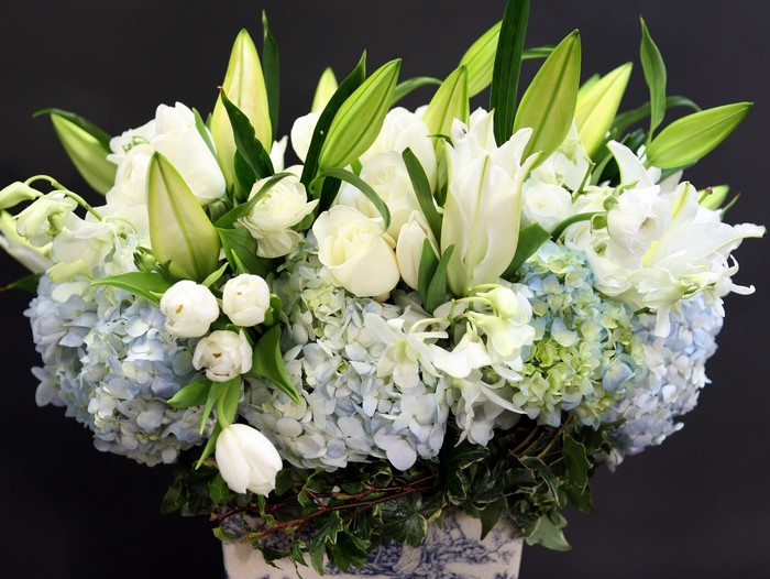 White and Blue Floral Arrangement with Hydrangeas and Lilies