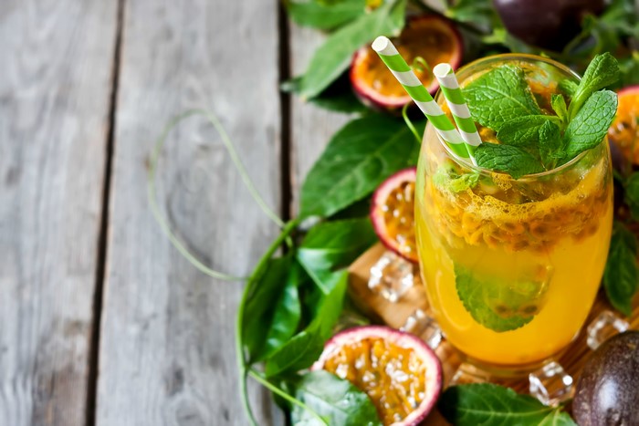 Passion Fruit Cocktail with Mint and Straws