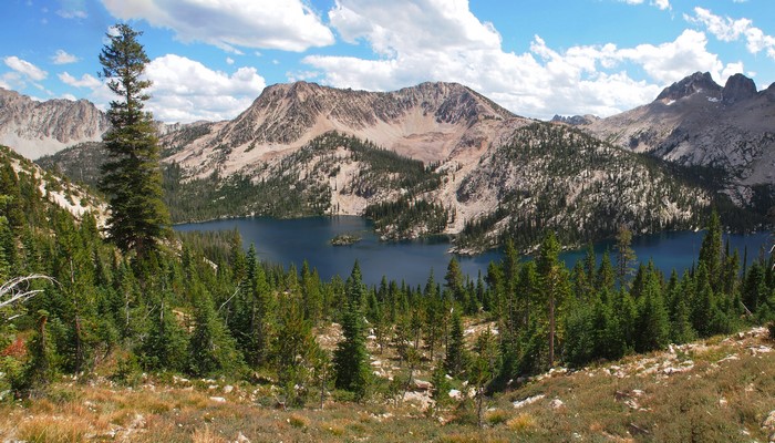 Lake and mountains with pine trees under a cloudy sky