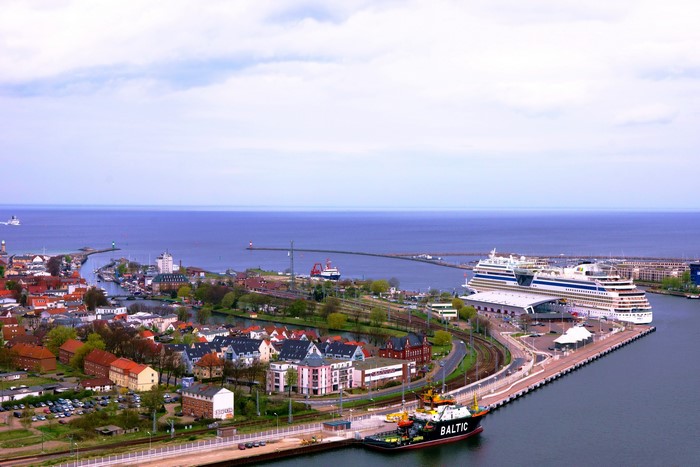 Rostock Warnemünde Germany harbor with cruise ships and houses