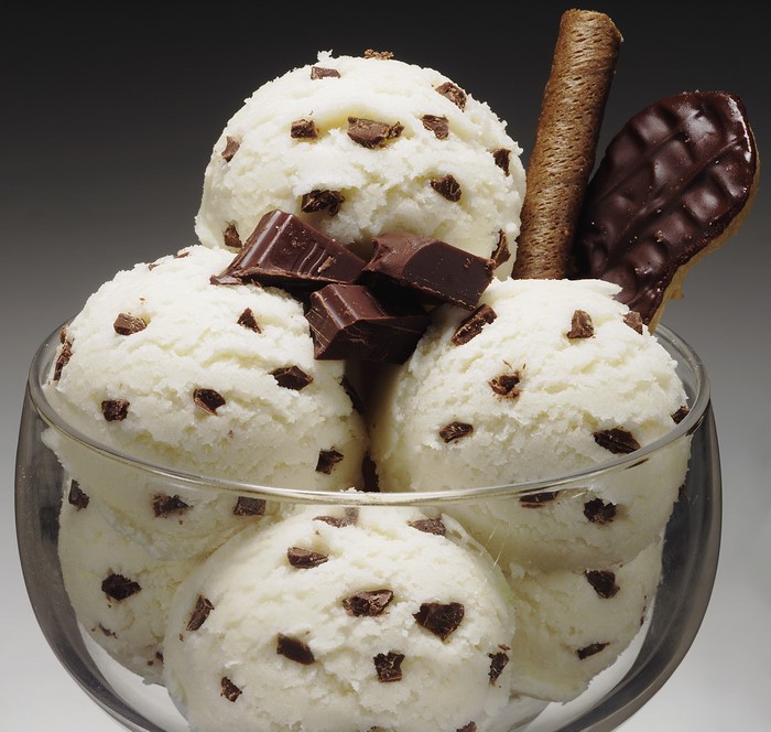 Chocolate chip ice cream sundae in a glass bowl