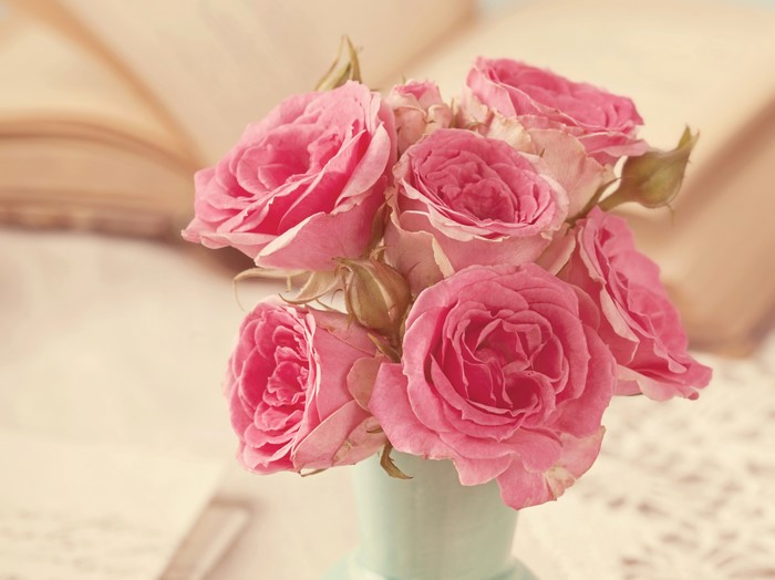 Pink roses in a vase with books