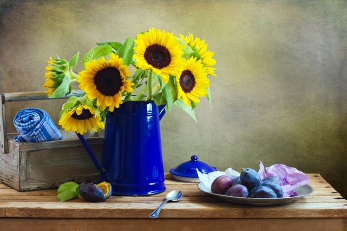 Still-life with Sunflowers, Plums, and a Blue Jug