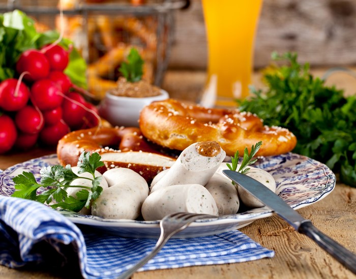 Sausages with Pretzels, Radishes, and Beer