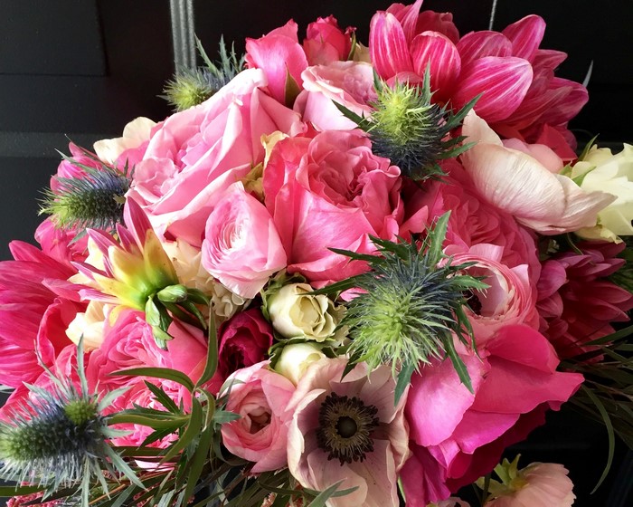 Pink Roses, Anemones, and Thistles Bouquet