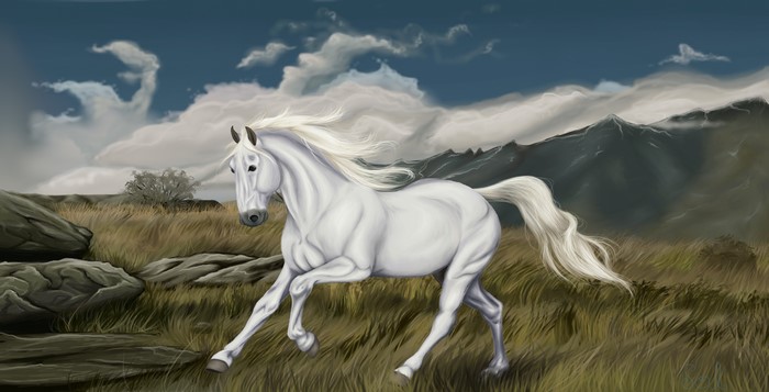 White Horse Running in a Mountain Landscape