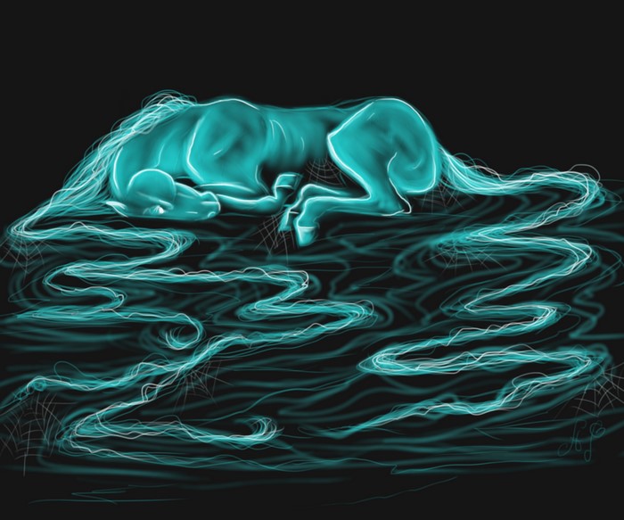 Ghostly horse sleeping on spiderwebs