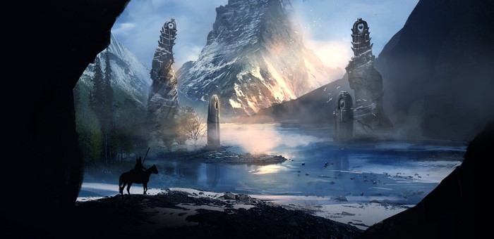 Warrior on horseback in a fantasy landscape with ancient ruins