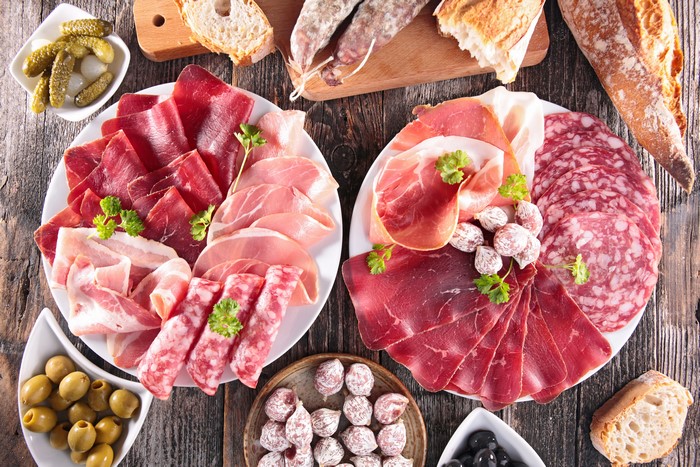 Meat products, sausage, ham, and bread platter