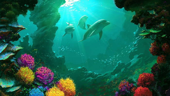 Three dolphins swim in a colorful underwater coral reef