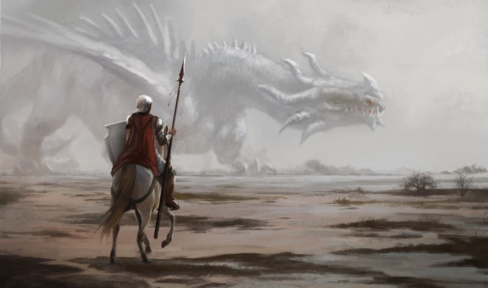 Knight on horse facing a white dragon in a misty landscape