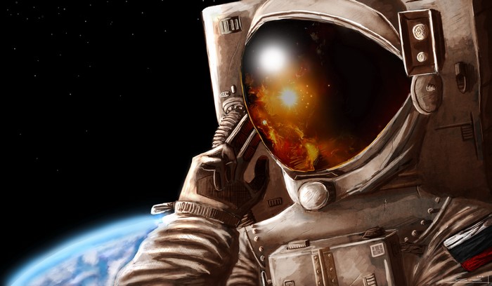 Astronaut in space with Earth and sun reflection