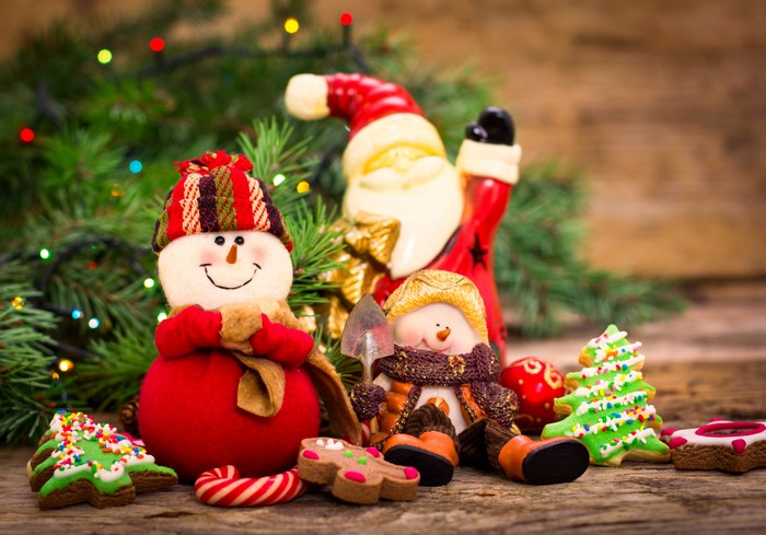 Christmas decorations with snowmen and Santa Claus