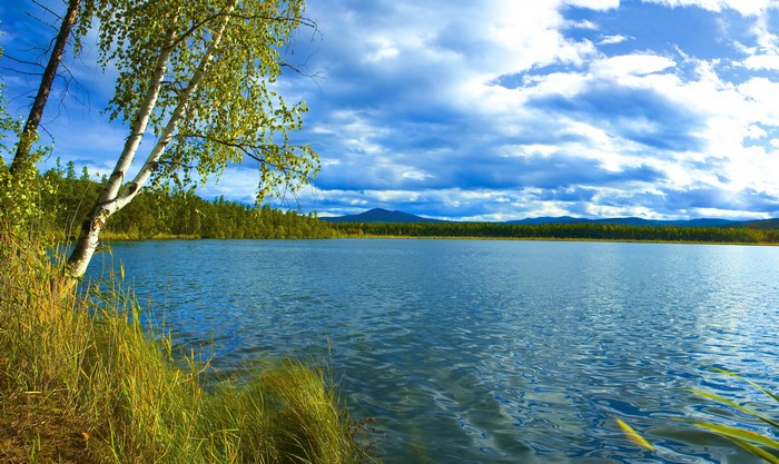 Lake Baikal with Trees and Mountains, Russia