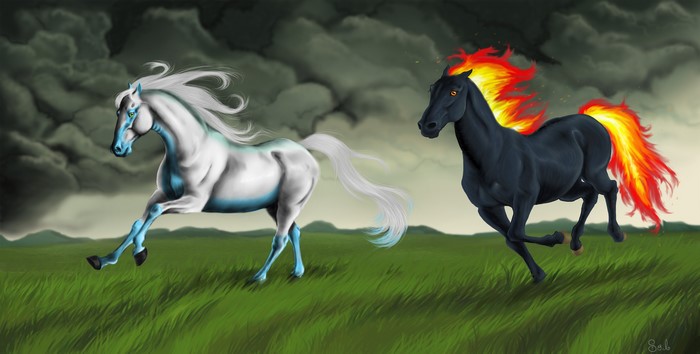 Two magical horses running in a field