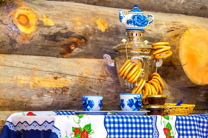 Russian still life with samovar and pastries