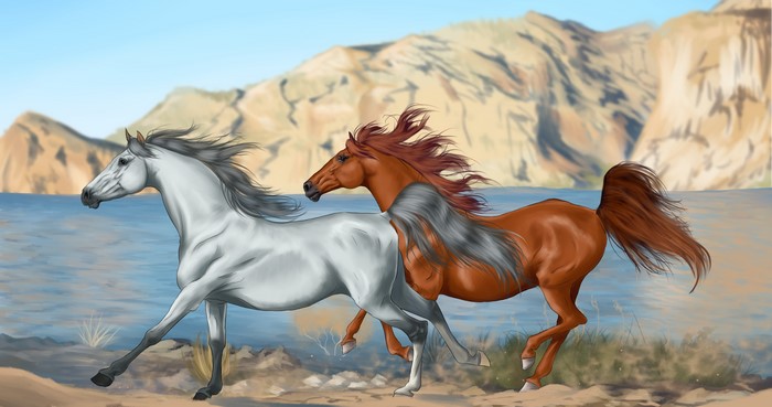 Two horses running by a lake with mountains