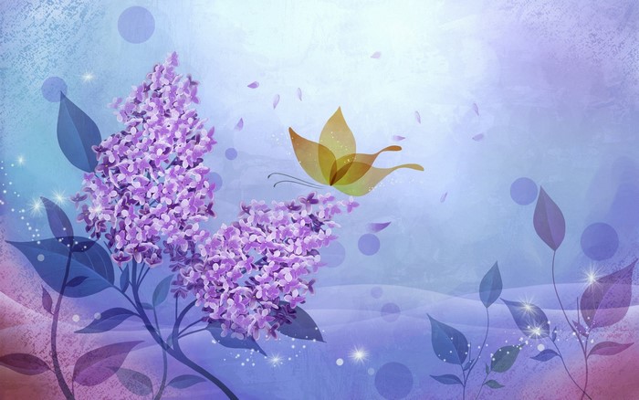 Purple Lilacs and a Yellow Butterfly