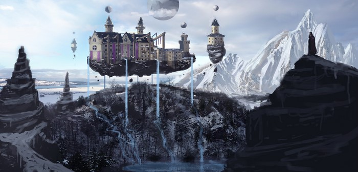 Fantastic Winter World with Floating Castles and Mountains