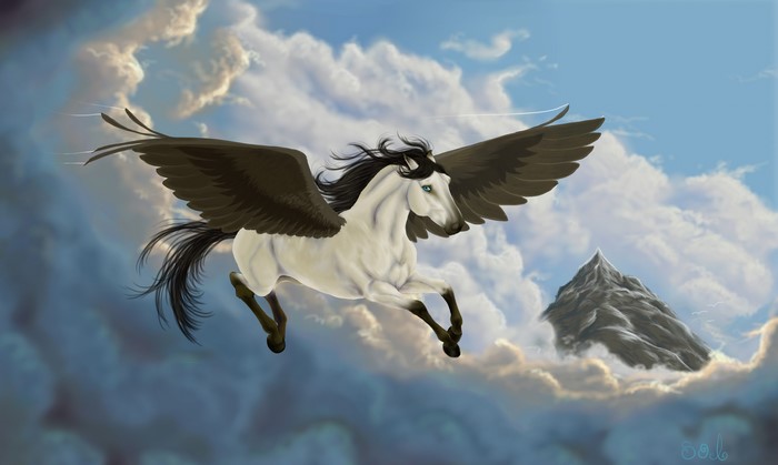 Pegasus flying through clouds near a mountain