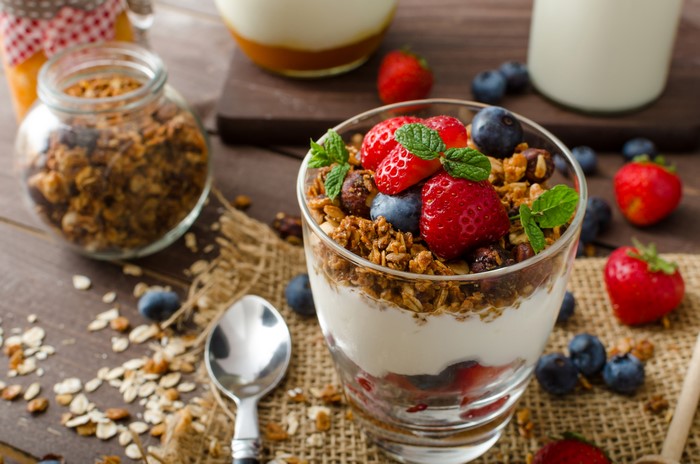 Granola parfait with strawberries and blueberries