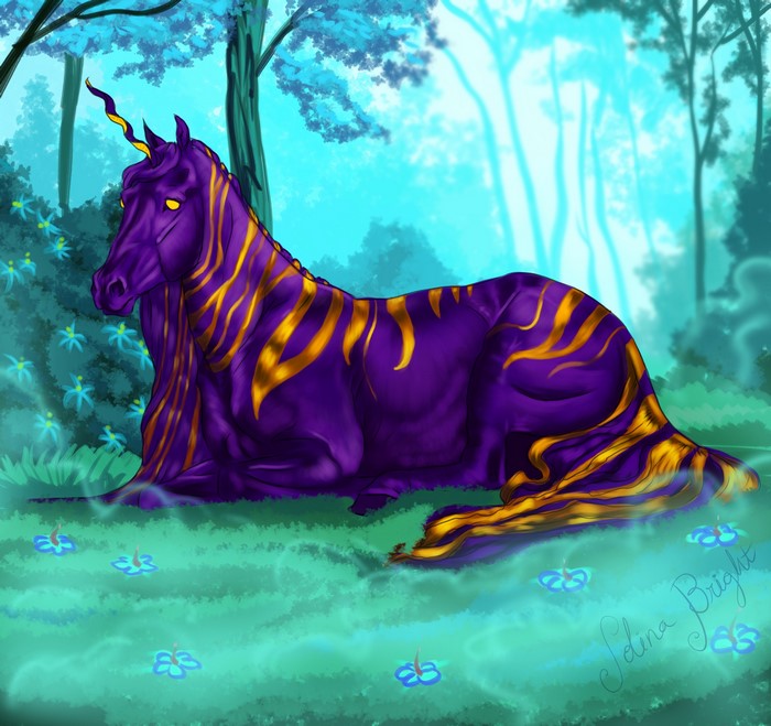 Purple unicorn with golden stripes in a magical forest