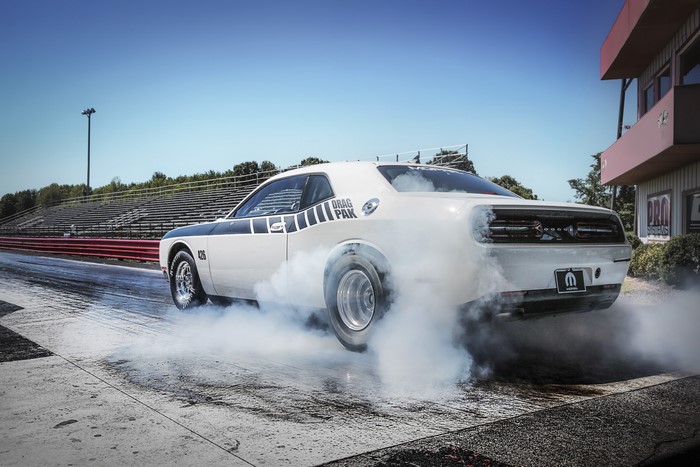 White Dodge Challenger Drag Pak doing a burnout
