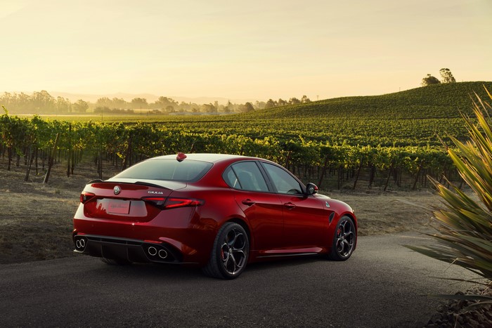 Red Alfa Romeo Giulia Quadrifoglio in vineyard