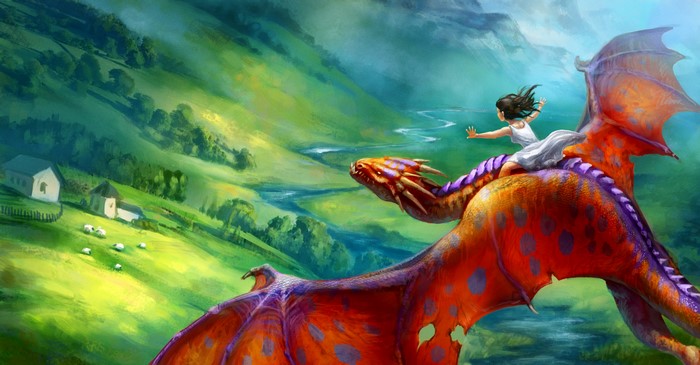 Girl riding a dragon over a green valley