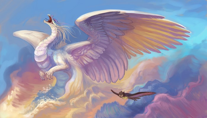 White Dragon and Owl Flying Through Clouds