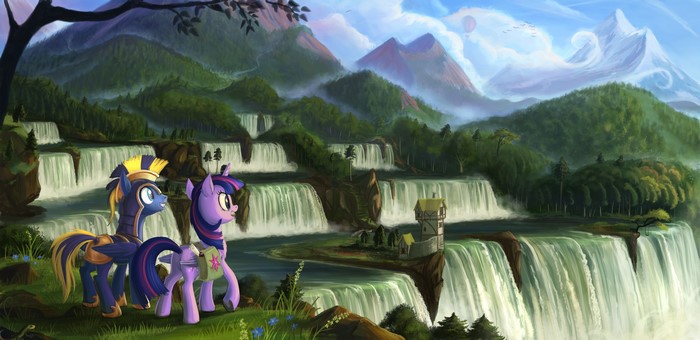 Two My Little Pony characters in a mountainous waterfall landscape