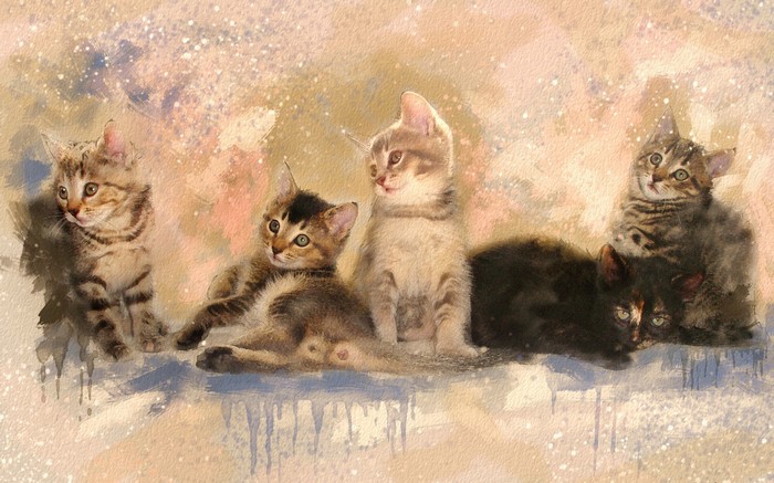 Five Kittens in a Watercolor Painting